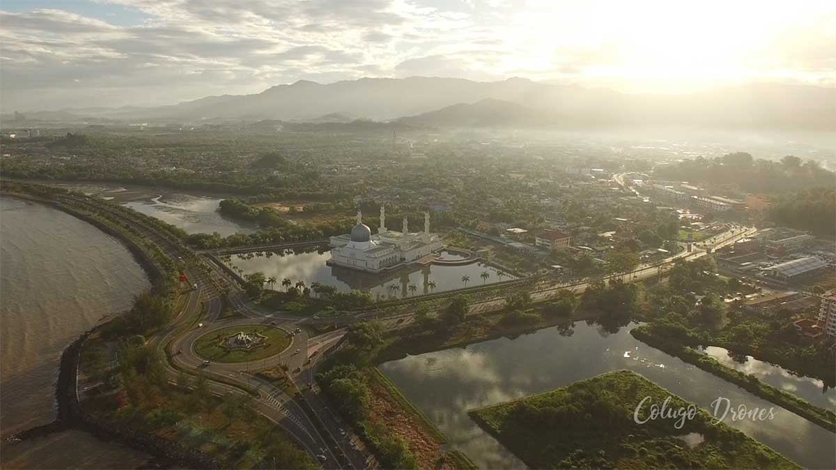 Drone photo taken in Tanjung Lipat of the Floating Mosque, Kota Kinabalu, Sabah, Borneo